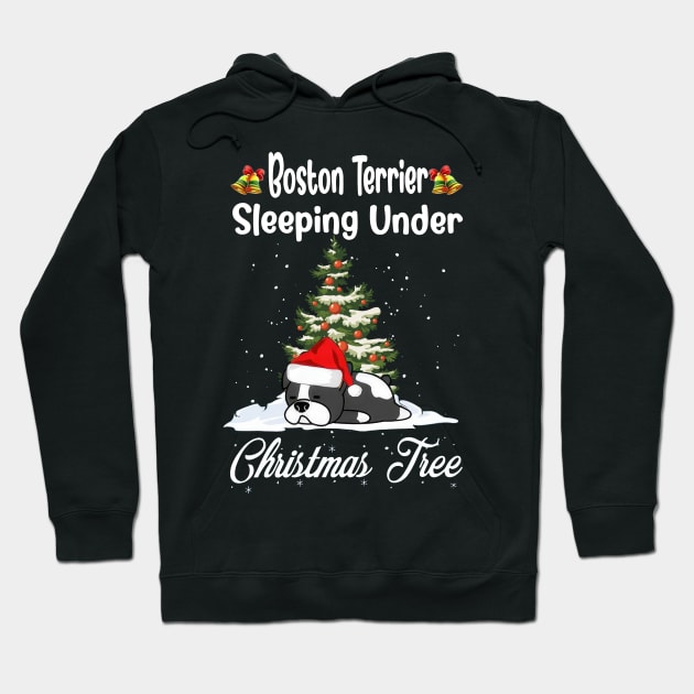 Boston Terrier Sleeping Under Christmas Tree Funny Xmas Hoodie by PlumleelaurineArt